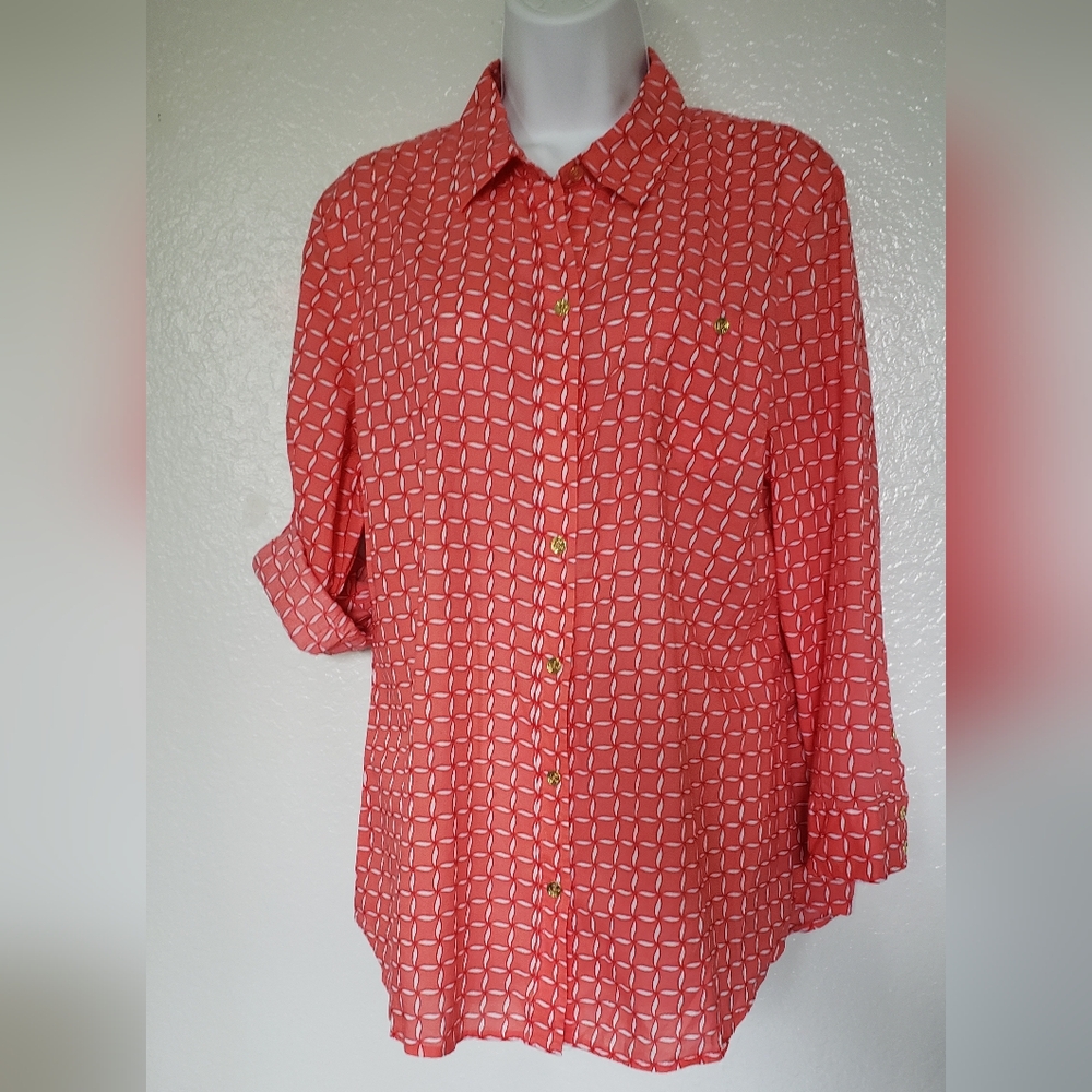Red Long Sleeved Collard Button Up Blouse Woman's Size XL C Wonder